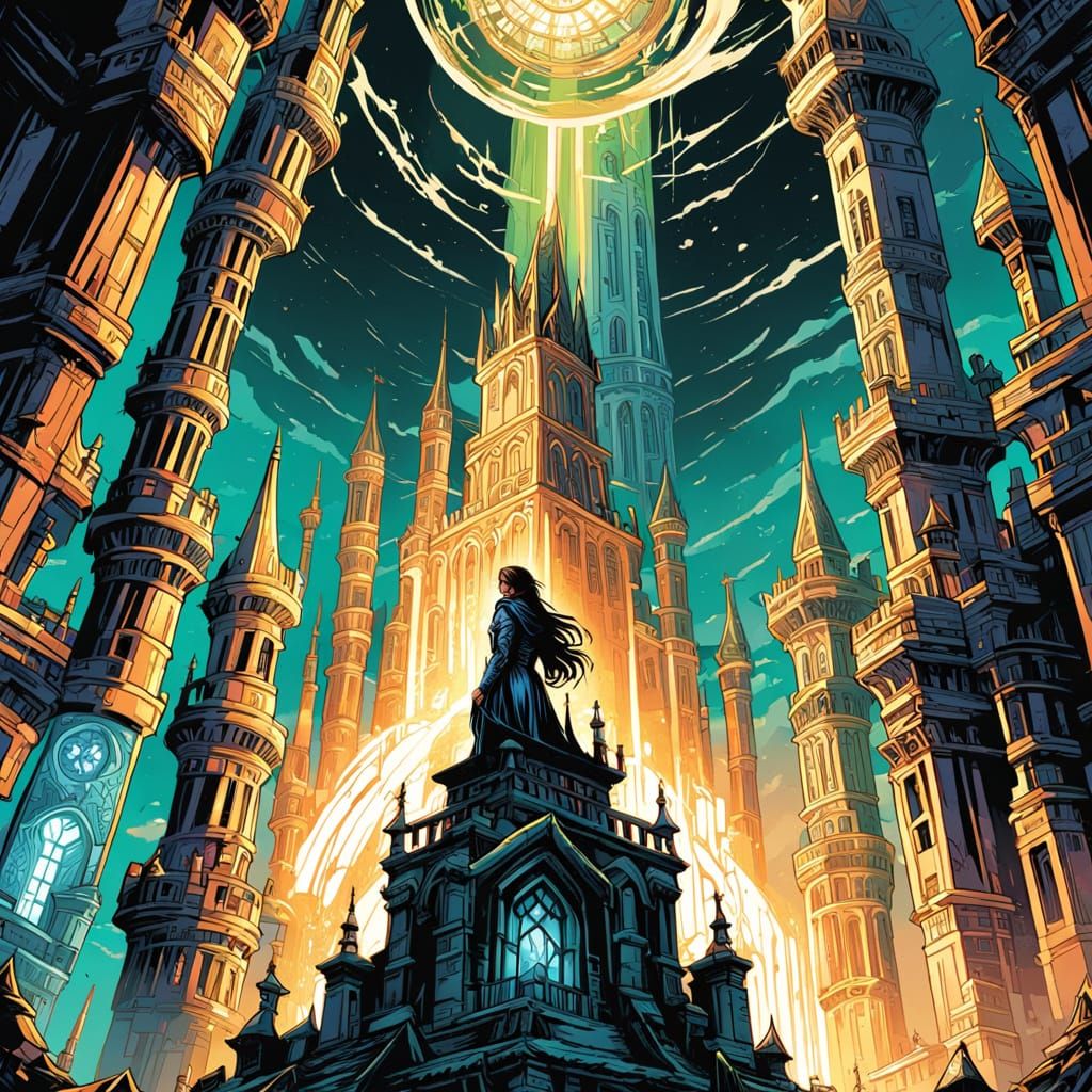 Elf Woman on Tower in Comic Book Style