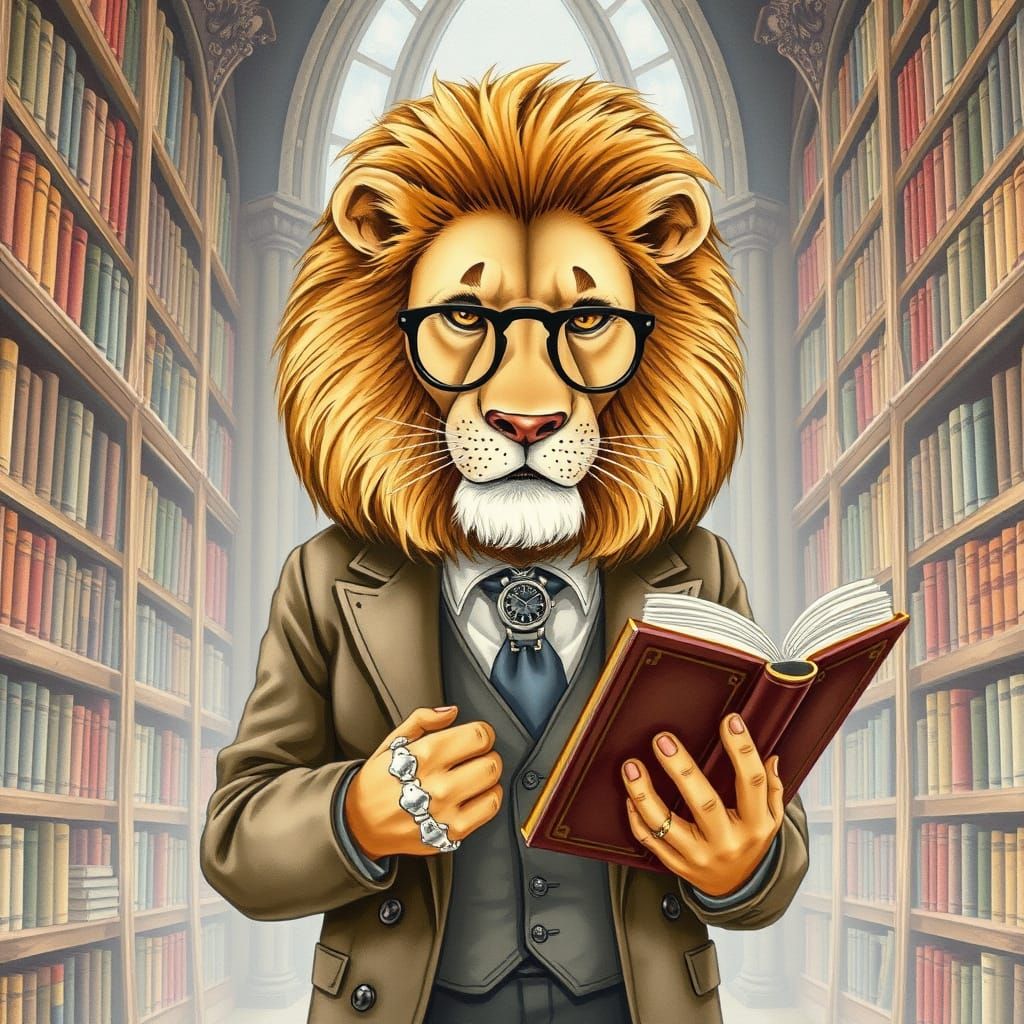 Dapper Lion Reads in Library, Whimsical Watercolor