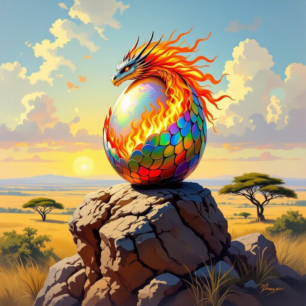 Dragon Egg with Fiery Mane on Savanna, Wildlife Art