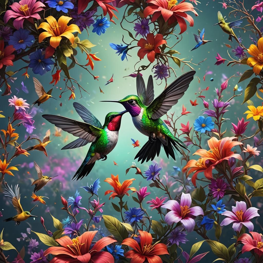 Fantasy Hummingbird in Colorful Floral Art