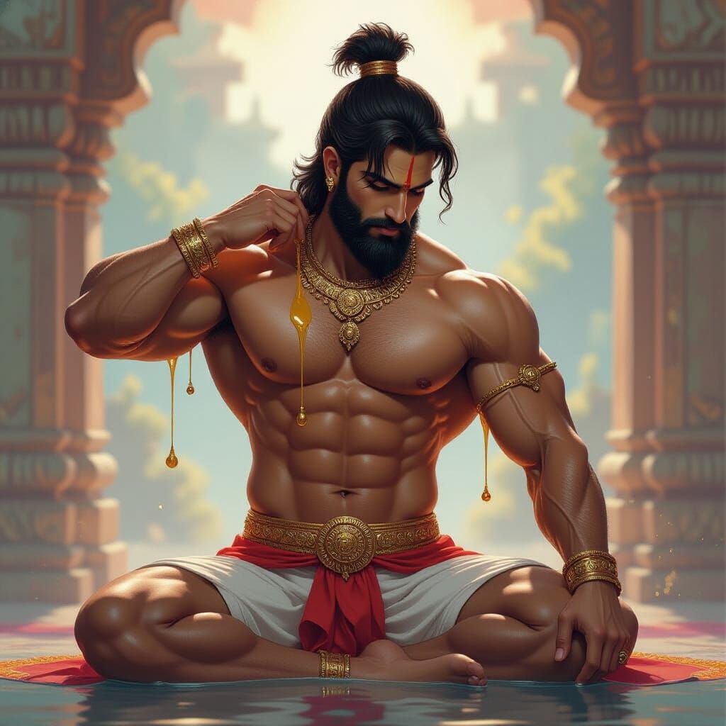 Hindu God Kartikeya Anointing Body with Oil in Epic Art Styl...