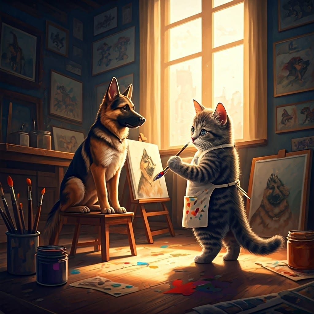 Kitten Painter Creates Portrait in Cozy Studio