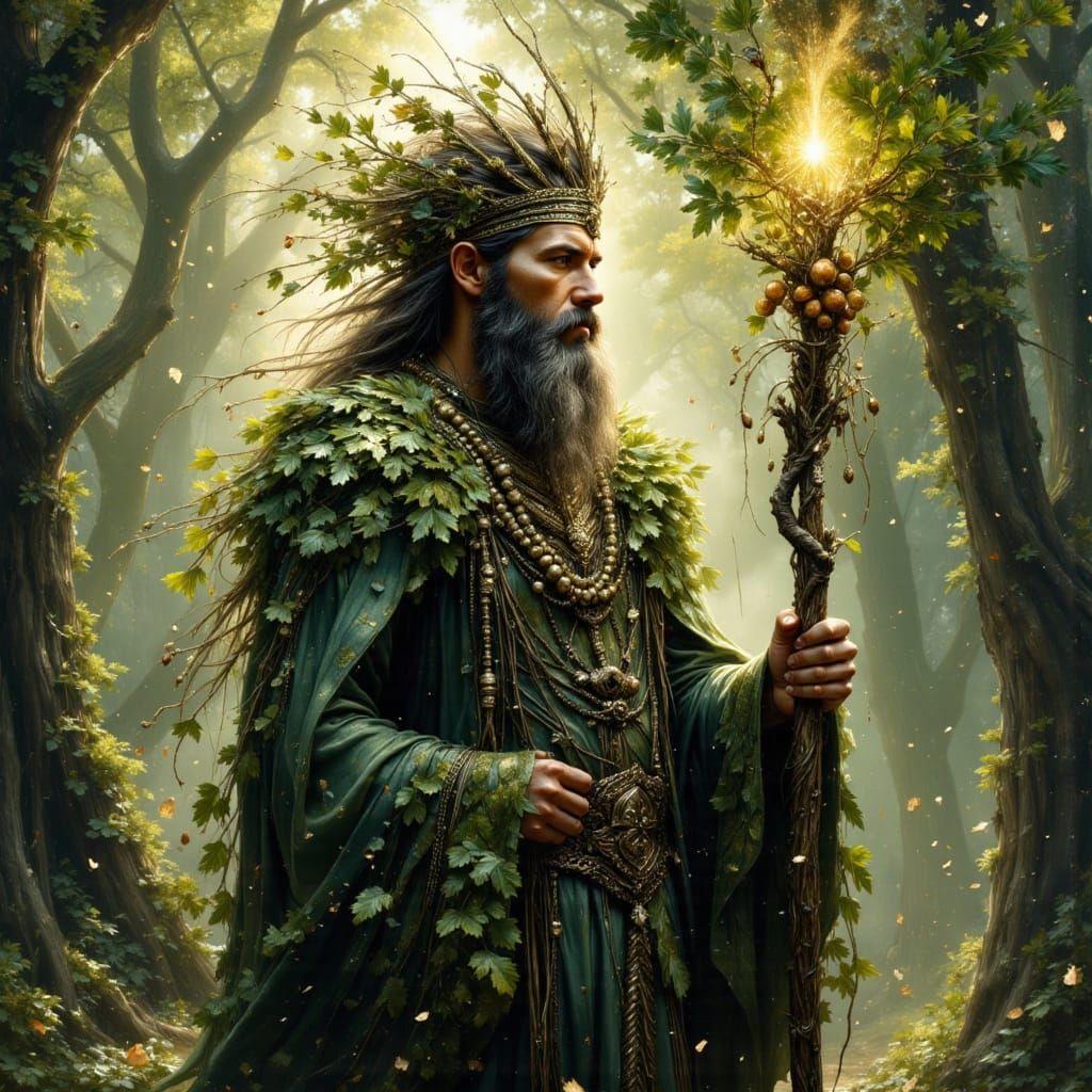 The Oak King: Ancient Tree Spirit in Sunlit Forest