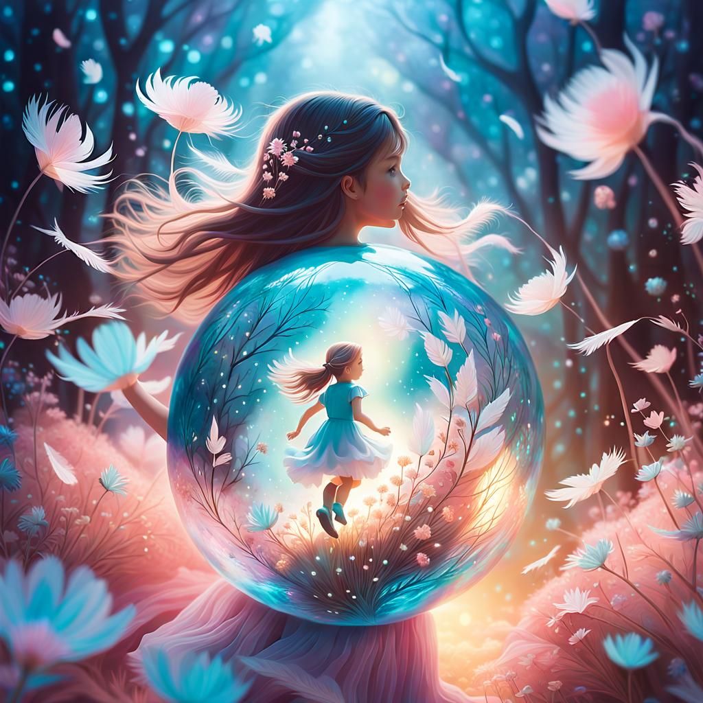 Girl Enters Dreamy Sphere in Whimsical Fantasy Art