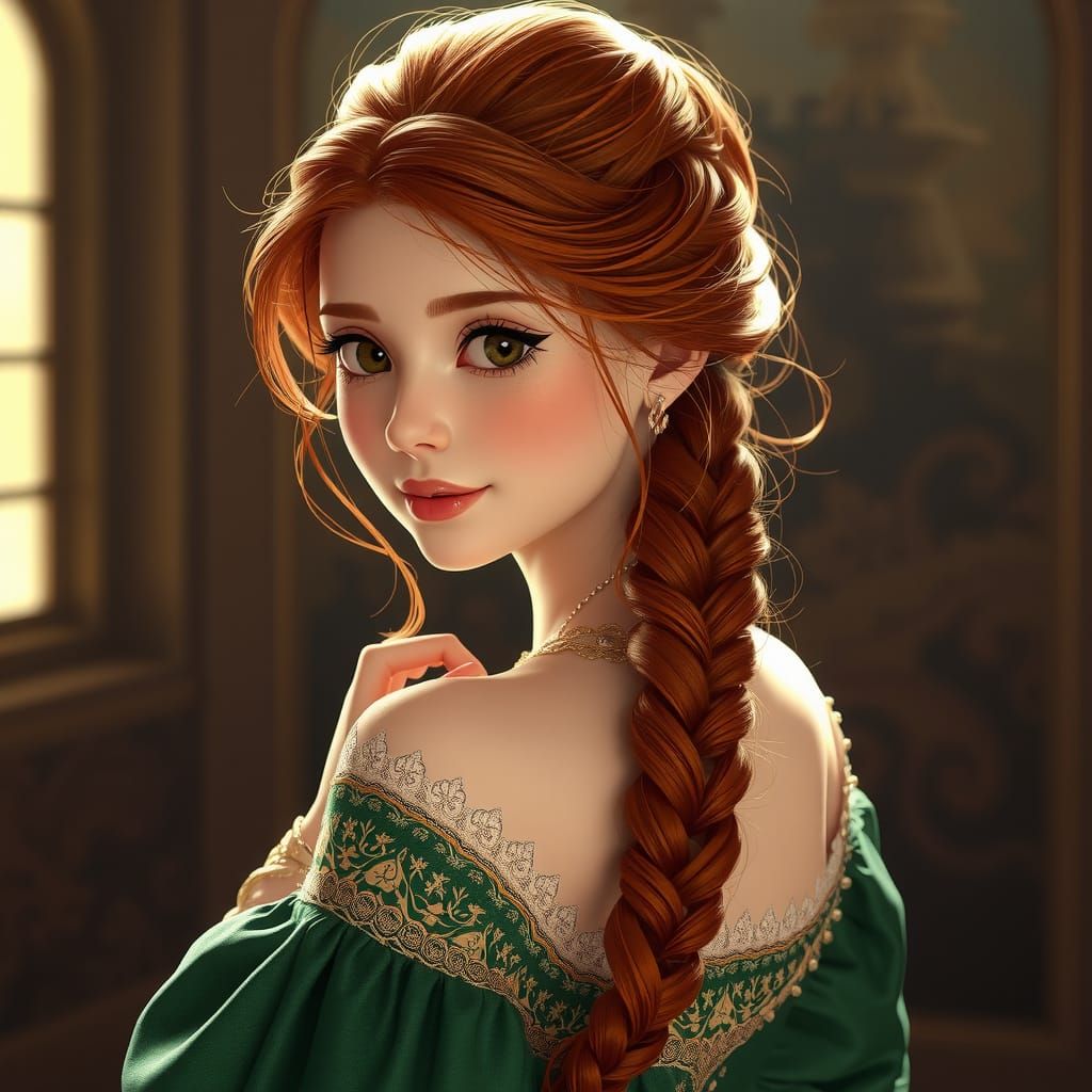 Elegant Redhead in Green Gown, Anime Art