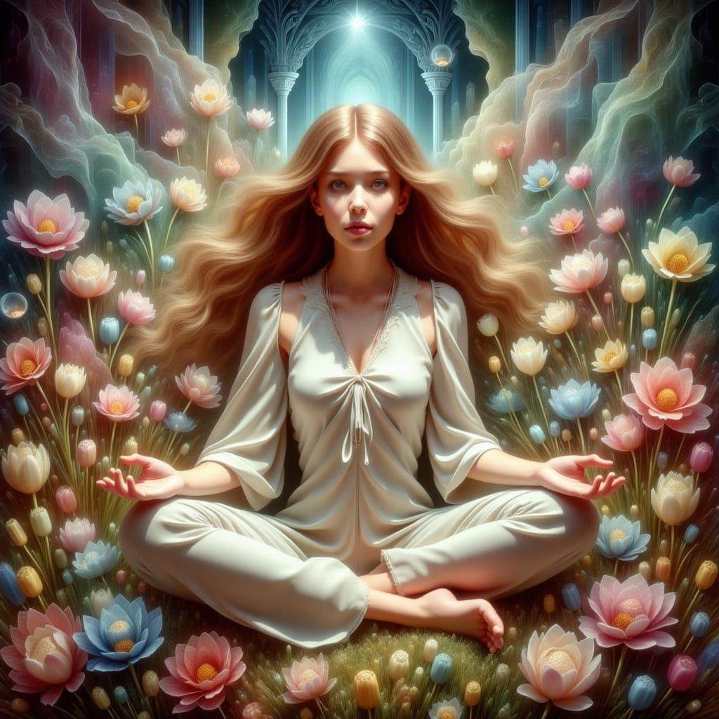 Leia Organa in Serene Yoga Lotus Pose Amidst Vibrant Wildflo...