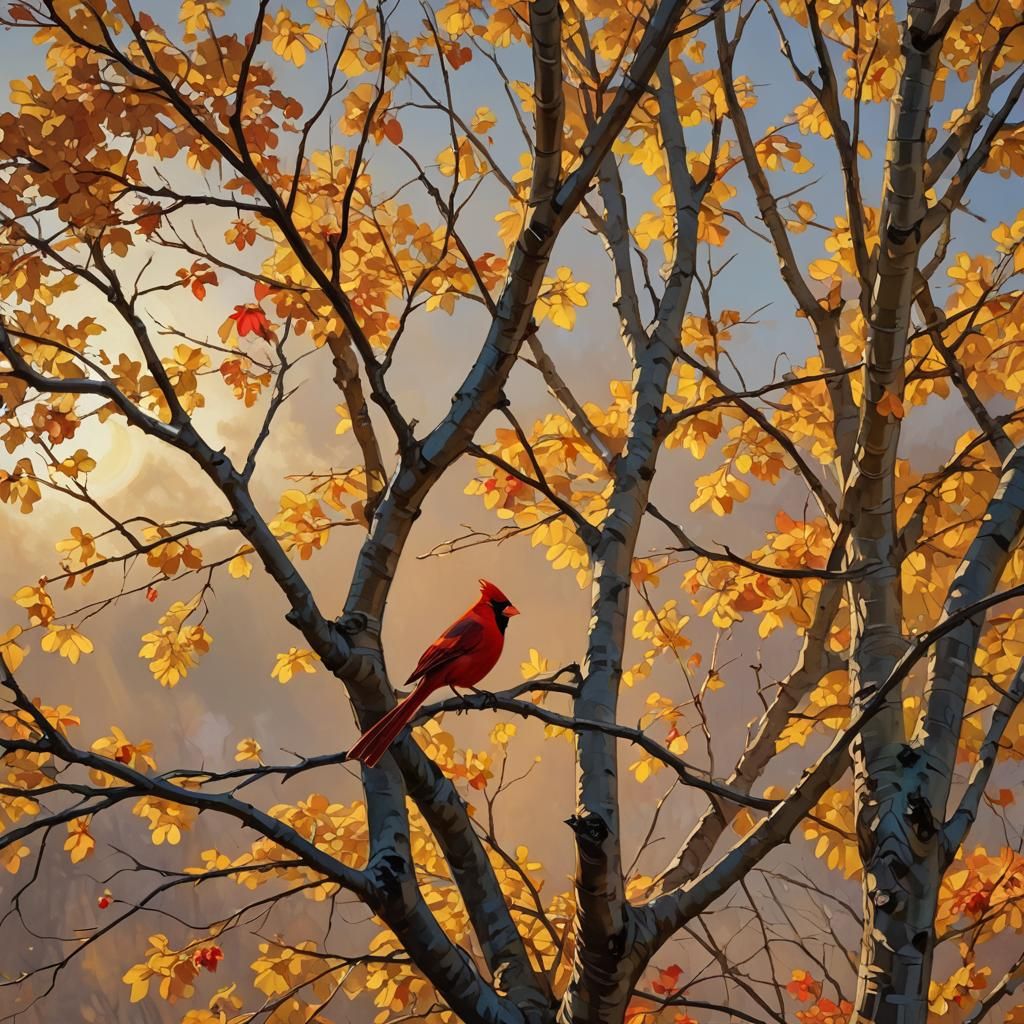 Autumn Cardinal in Naive Impressionist Style