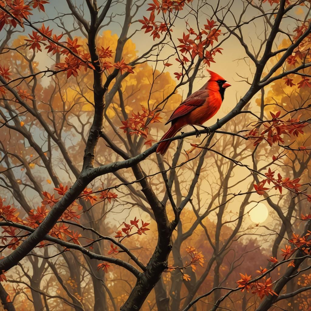 Autumn Tree and Cardinal in Matte Painting Style
