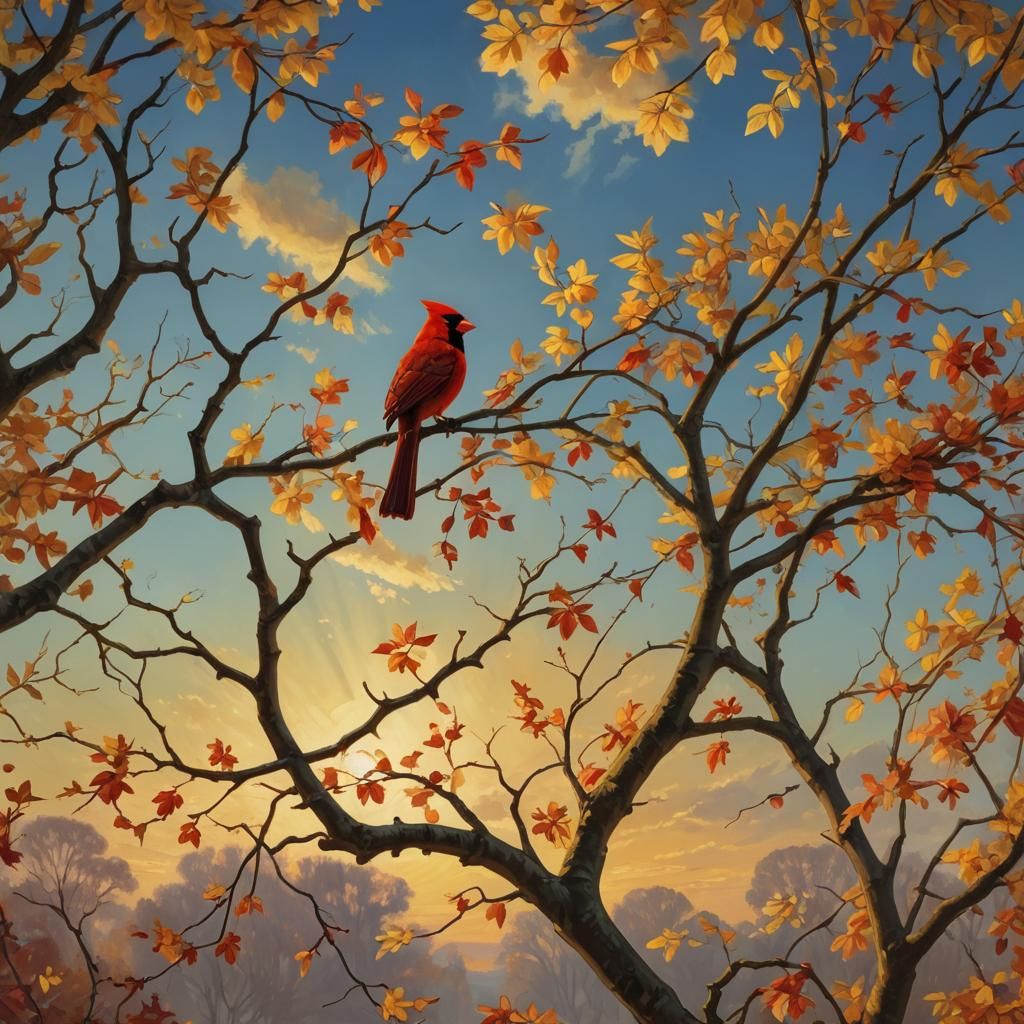 Autumn Cardinal in Impressionist Style, Volumetric Lighting