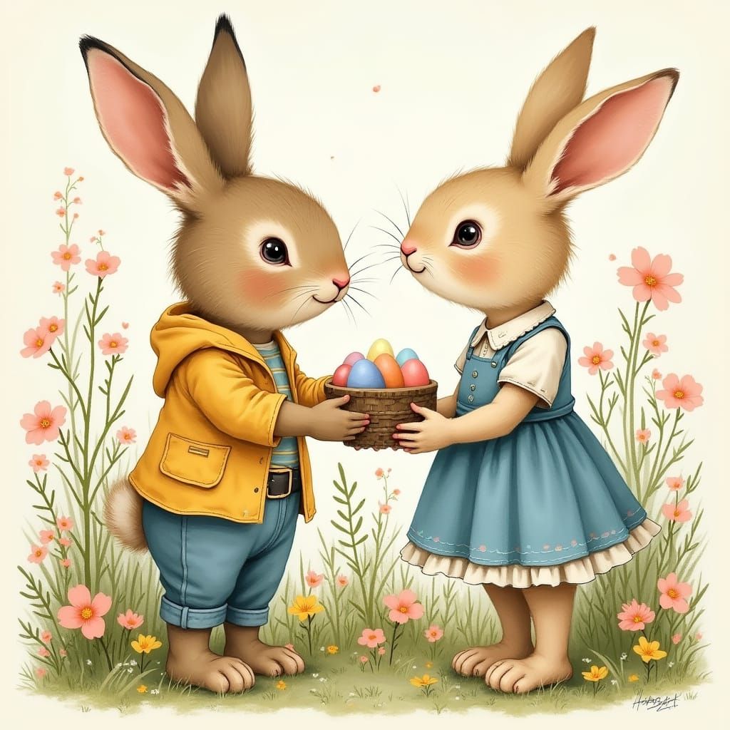 Spring Bunny Family in Country Checkered Suits with Wide Blu...