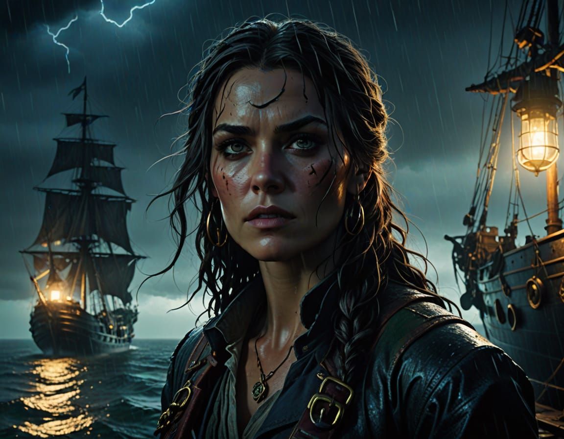 Pirate Woman on Stormy Ship in Comic Book Style