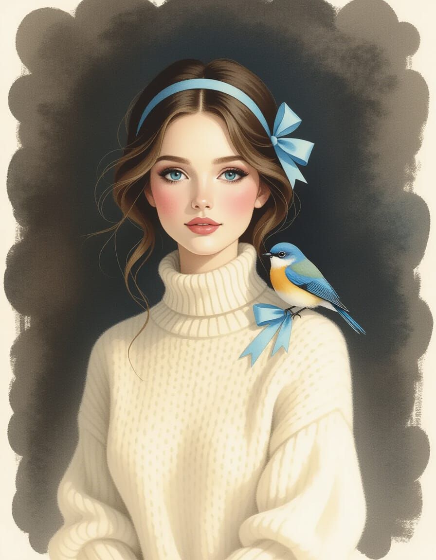Whimsical Woman with Bluebird on Shoulder, Painterly Style