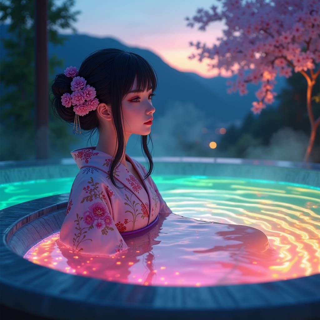Rainbow Anime Onsen Scene in Fantasy Style