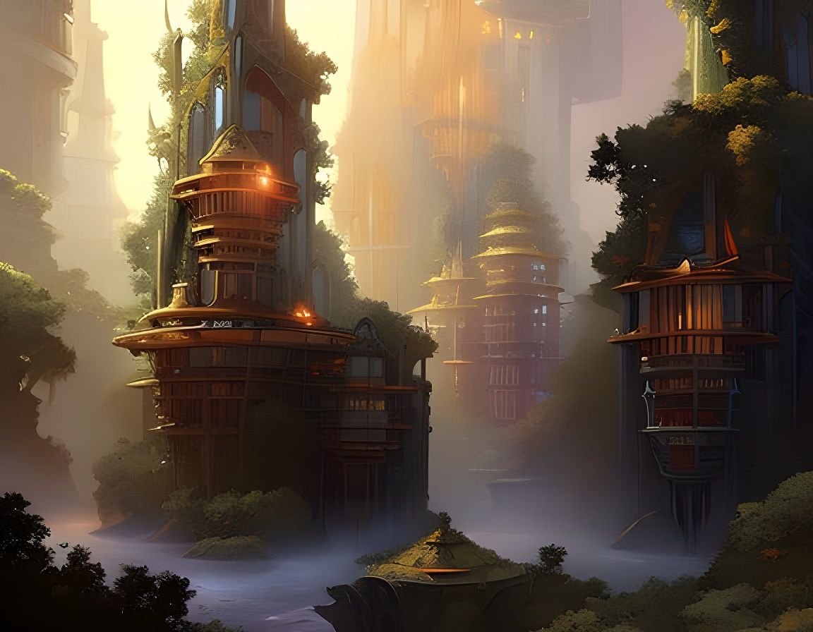 Ornate Mystical Dwellings in Majestic Forest