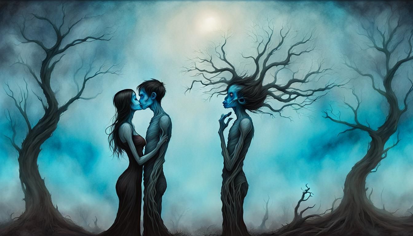 Elongated Couple's Farewell Kiss in Dark Fantasy Style