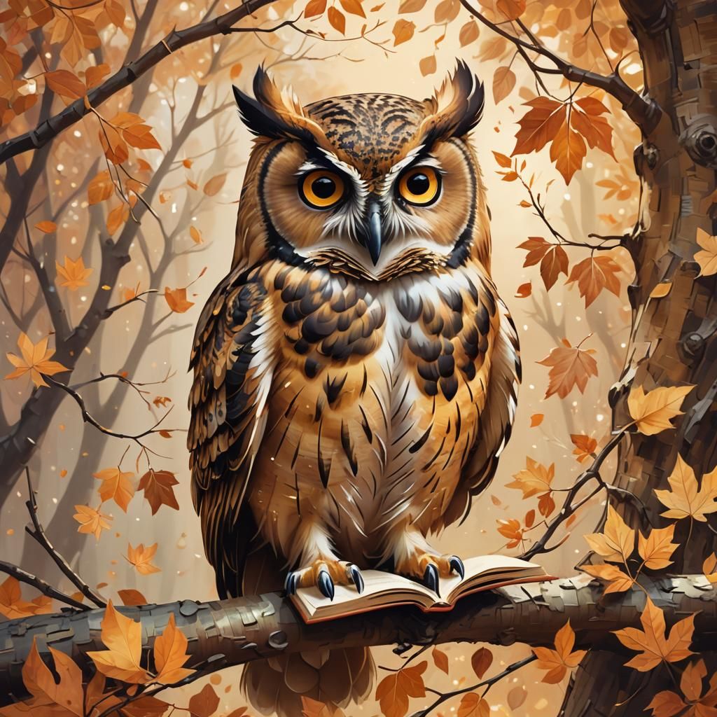Owl Reads a Book in Autumn: Whimsical Digital Art