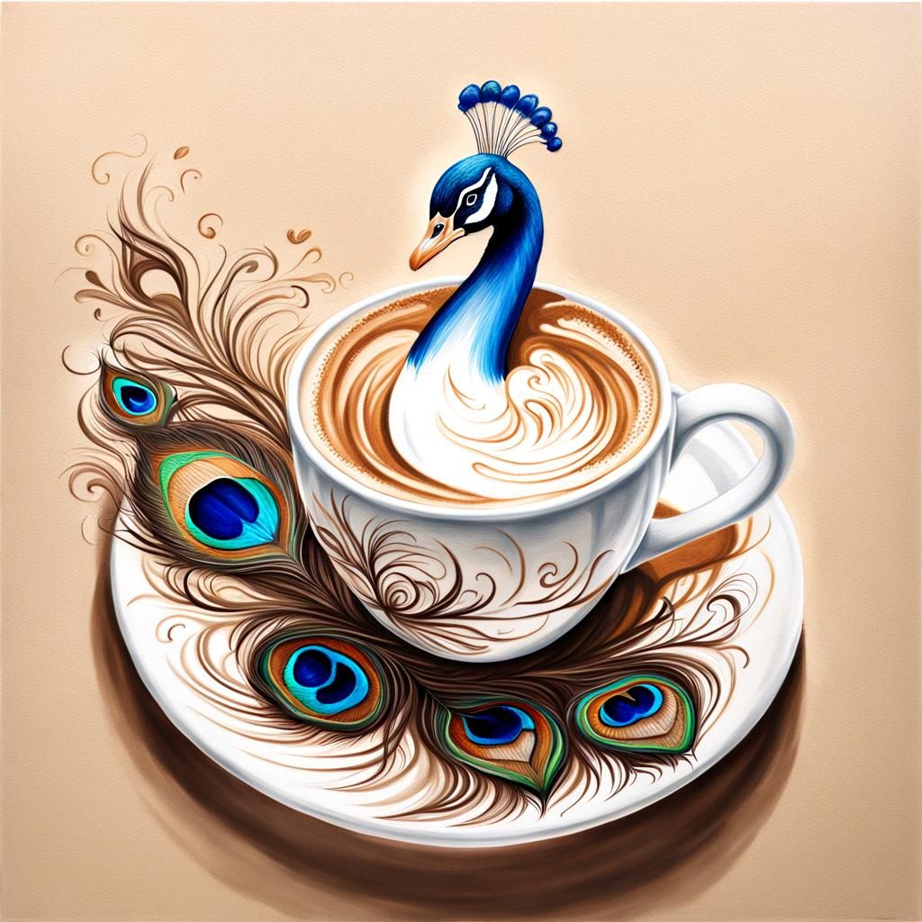 Latte Art Peacock Swan in Pencil Sketch Style