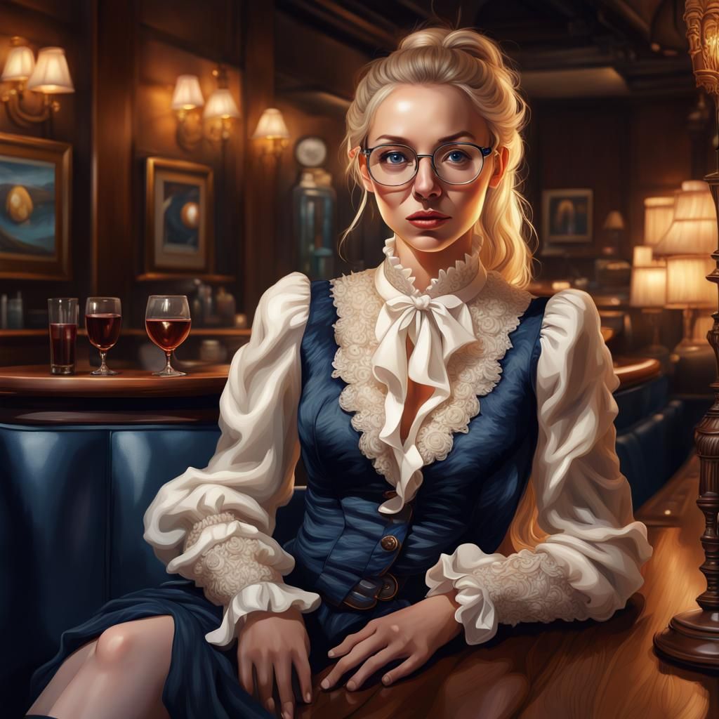 Rococo Portrait of Blonde Woman in Hotel Bar