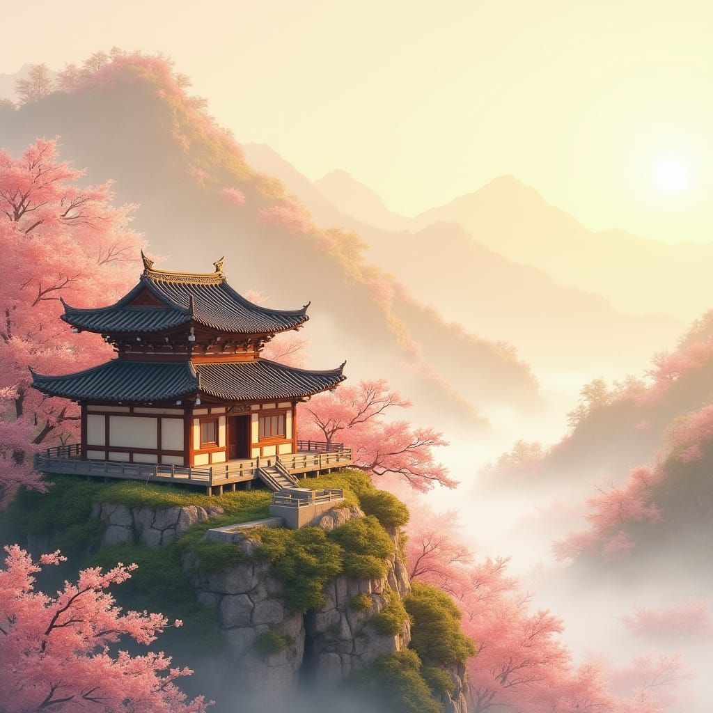 Traditional Korean Hanok House Amidst Cherry Blossoms in Sof...