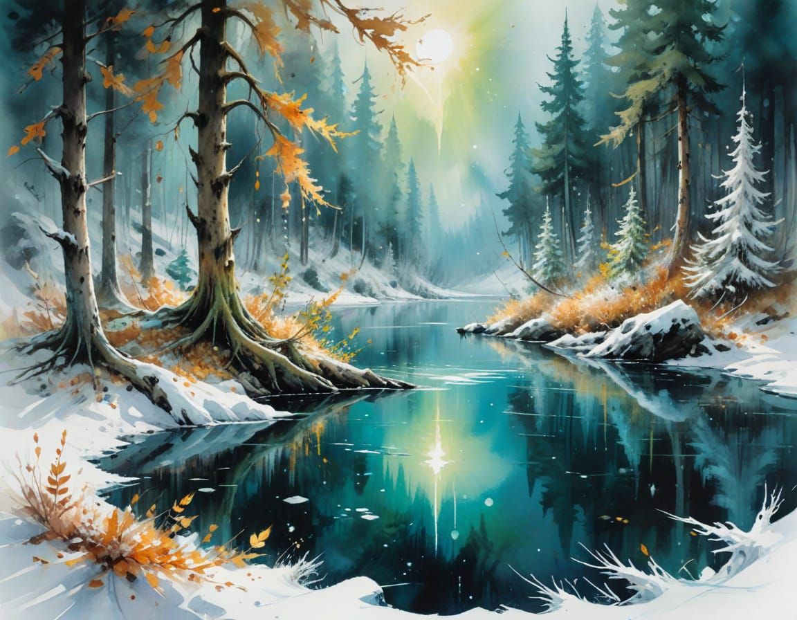 Enchanted Moonlit Forest with Aurora in Watercolor Style