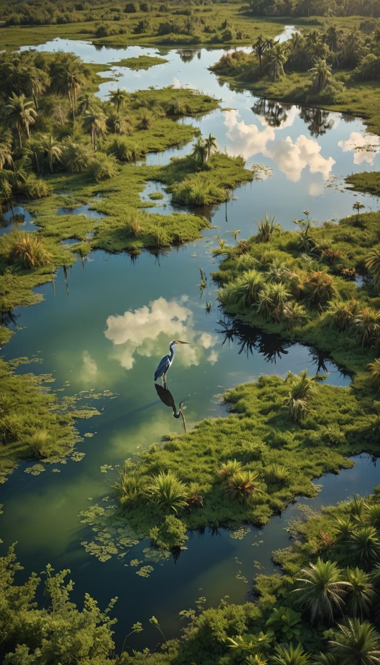 Heron Soaring Over Everglades Wetlands in Digital Matte Pain...