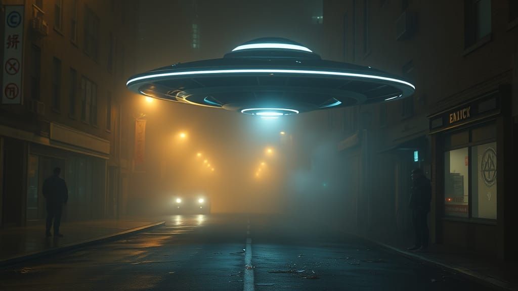 Retro-Futuristic UFO Over Neon City Street at Midnight