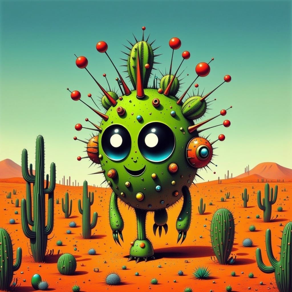 Cute retro robot shaped like a cactus with lots of thorns poking out walking through the desert <lora:CACTUS PEOPLE:1.0>...