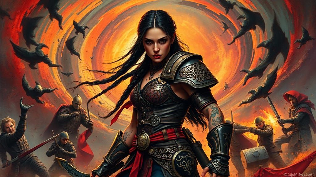 Tattooed Latina Warrioress in Leather Armor as Impasto Paint...