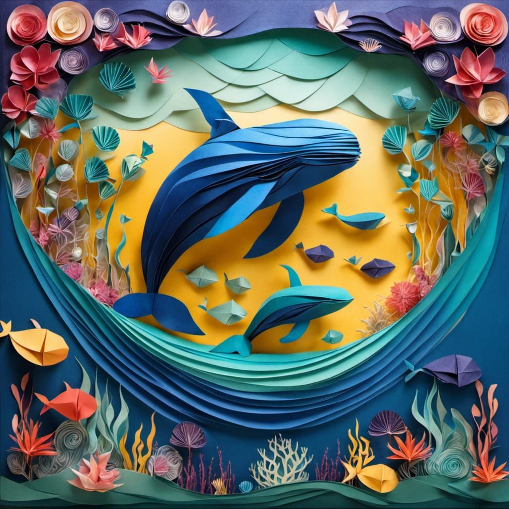 Whimsical Origami Whale Seascape with Cub