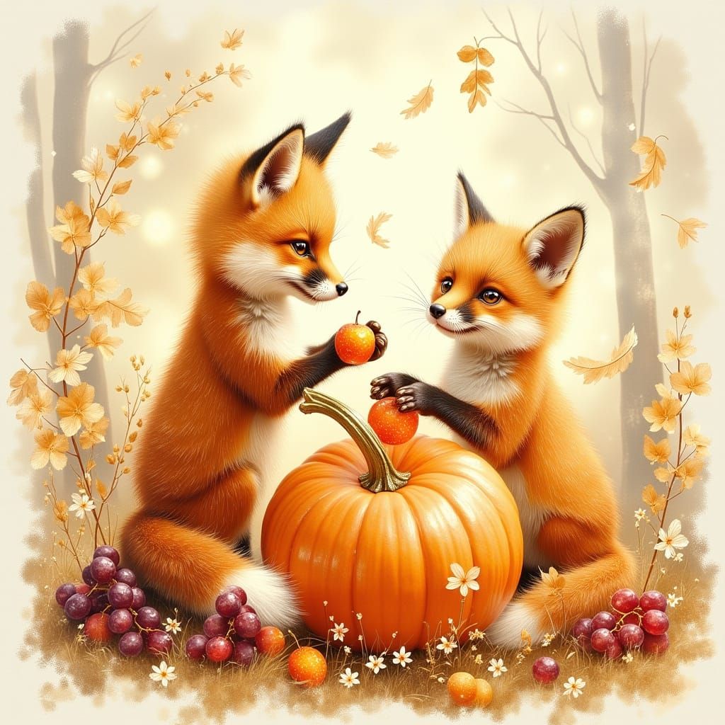 Baby Foxes Play with Pumpkins and Grapes in Watercolor