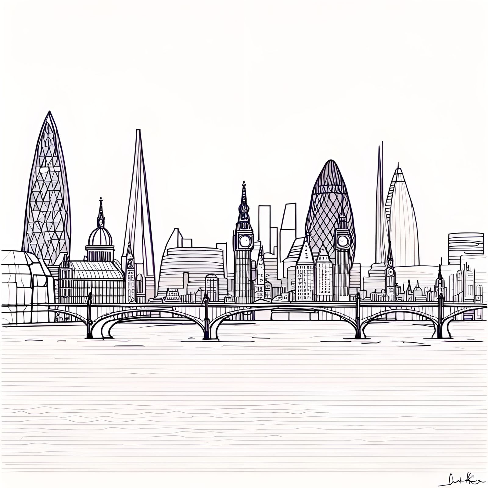 one-line art london skyline  using just one single continuous line without lifting the pen. London eyes, Gherkin, Tower ...
