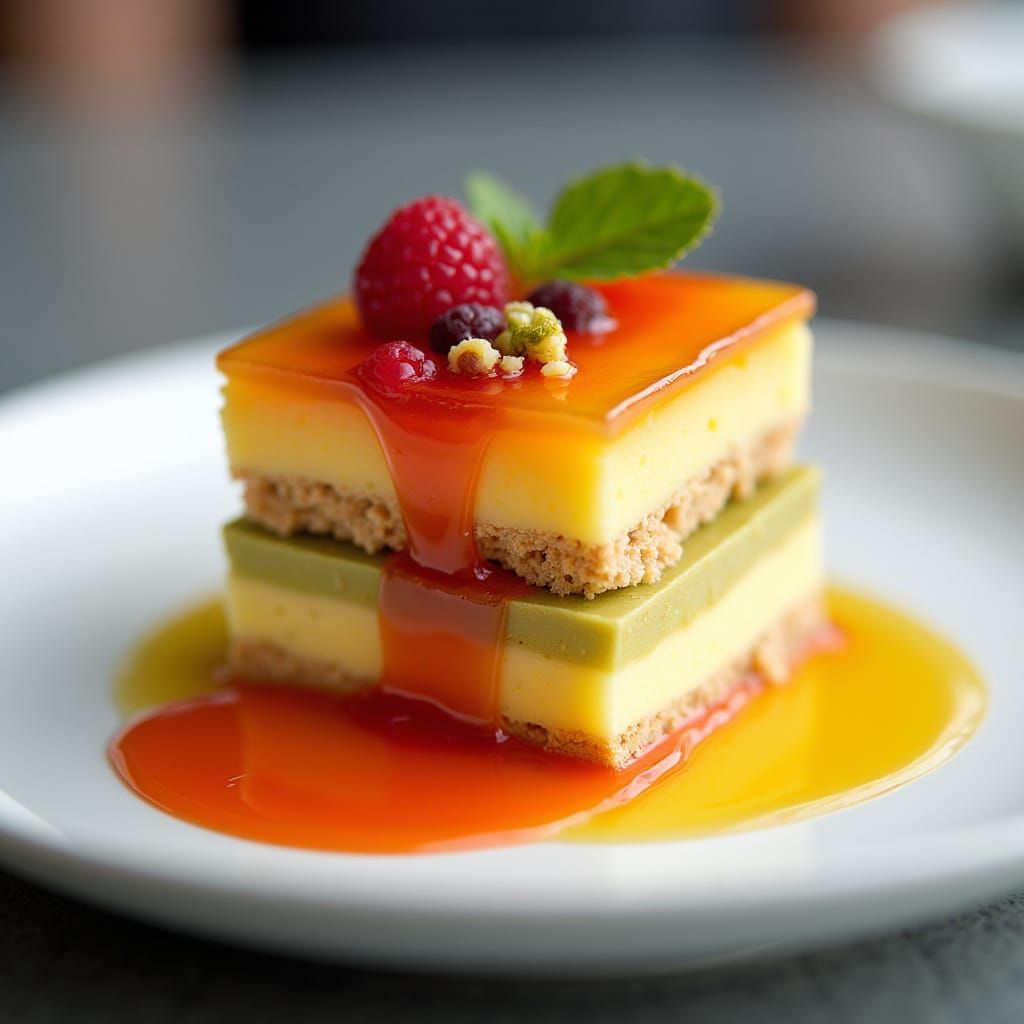 Melting Saffron Custard, Raspberry Gelee, and Pistachio Mous...
