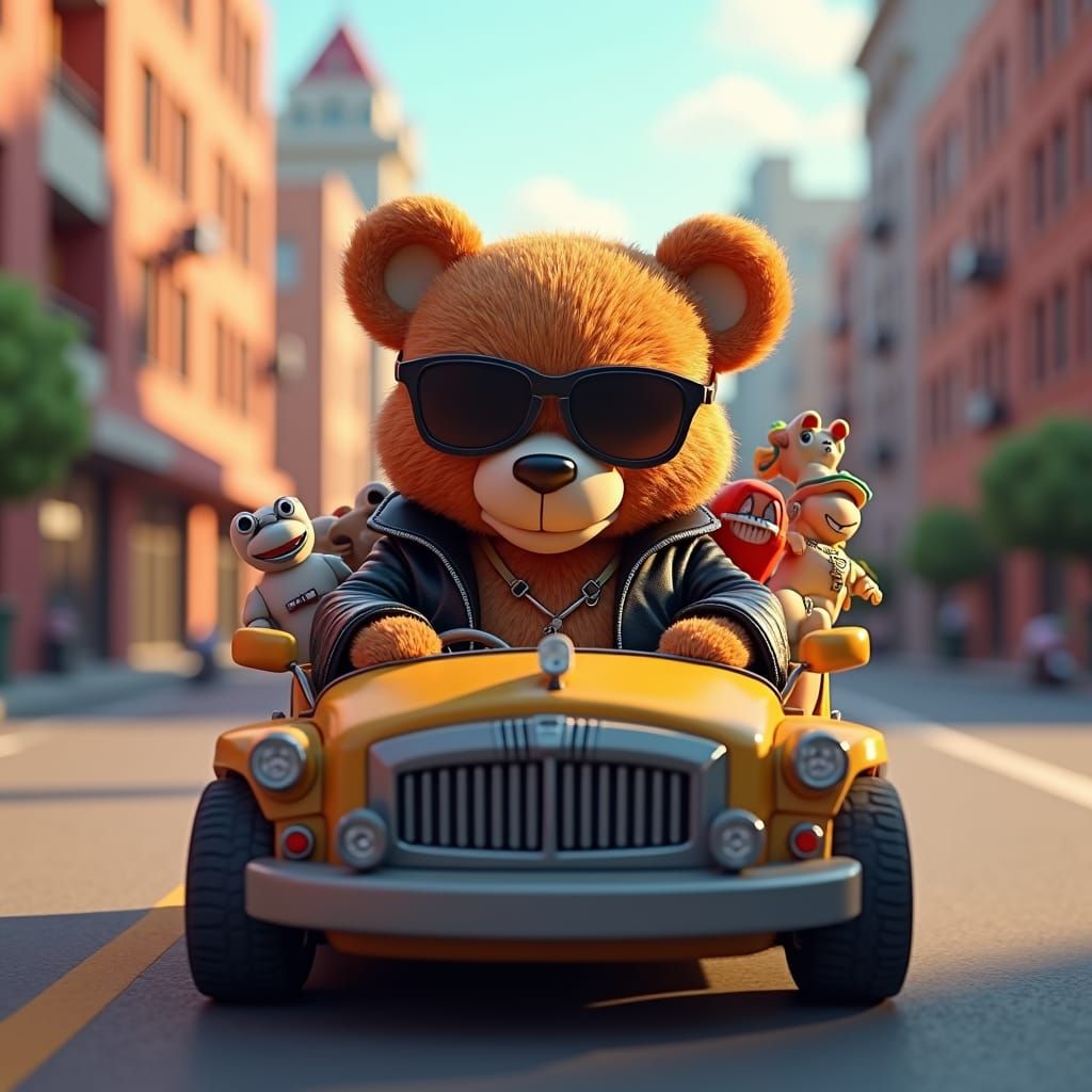 Teddy Bear Driver in a Cyberpunk Cityscape