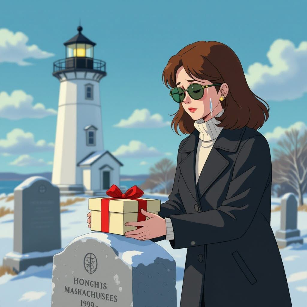 Grief and Remembrance: Woman at Lighthouse Gravestone