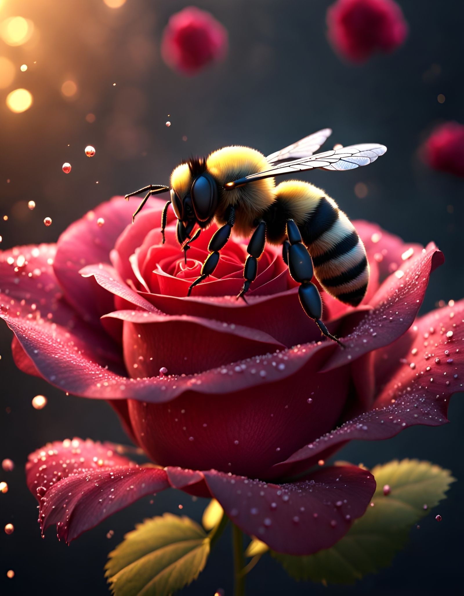 Bee on Rose: 3D Render in 8k Resolution