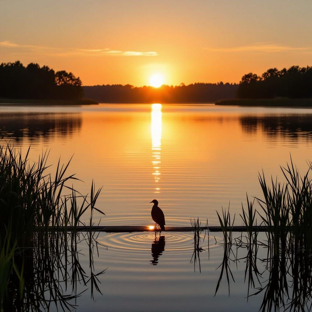 Peaceful Lake at Sunset with Golden Light and Bird Silhouett...