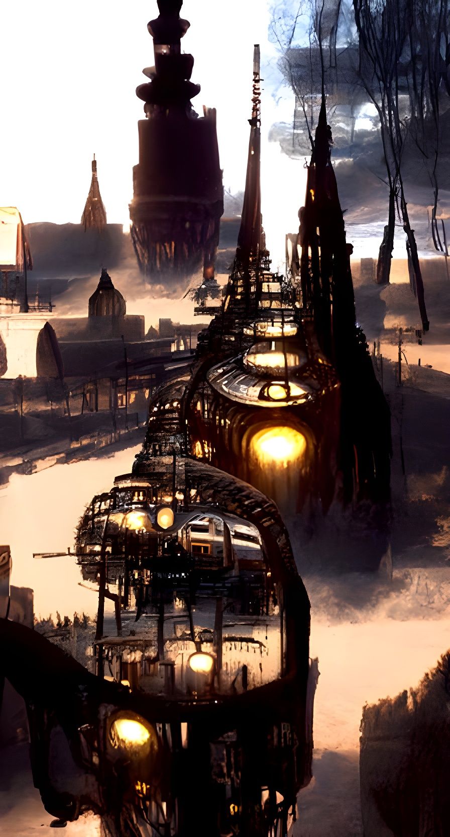 Steampunk Railway City with Airships and Spires