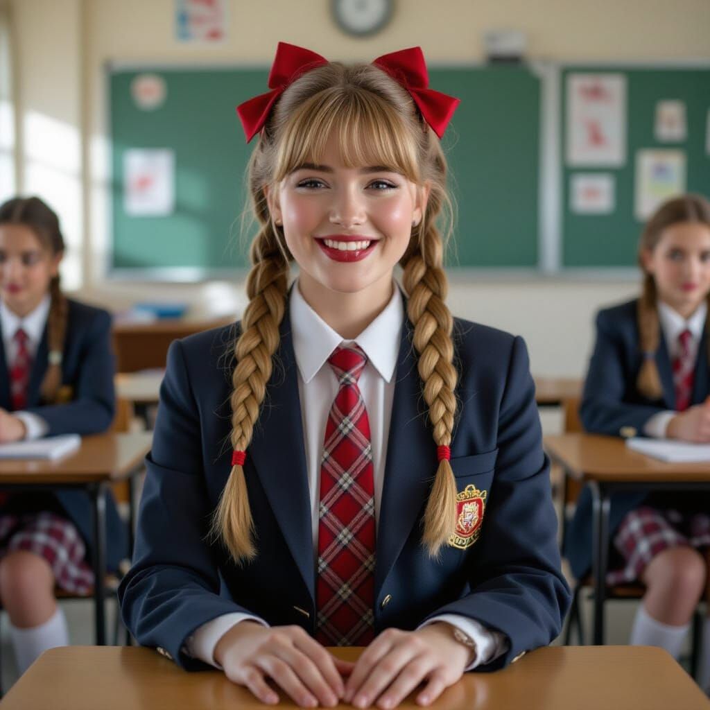 Young Woman in School Uniform Smiling in Classroom