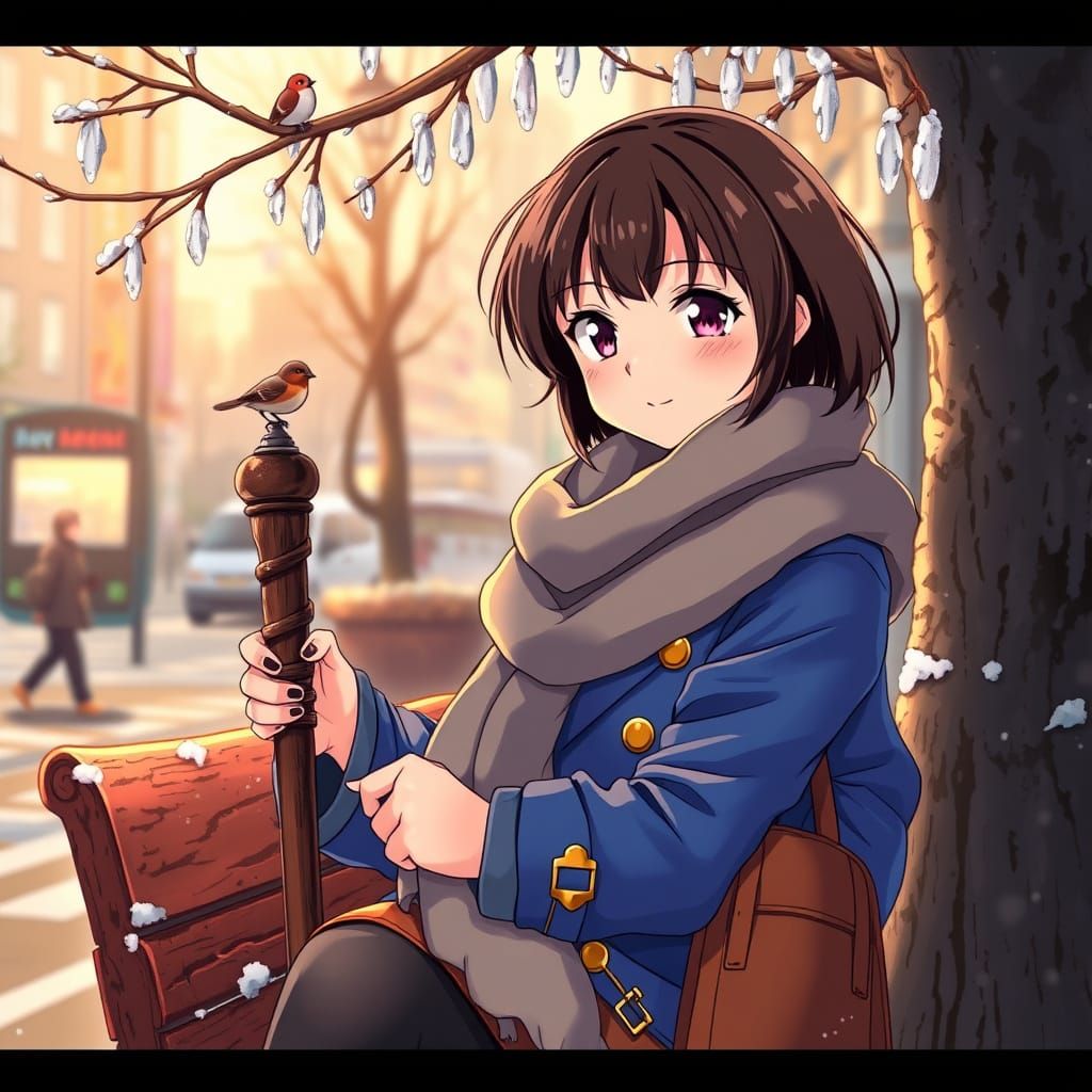 Charming Anime Girl in Vibrant Blue Flight Jacket on City St...