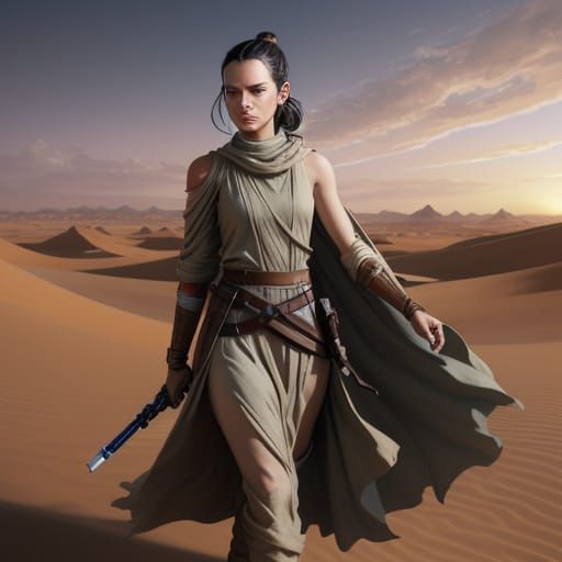 Rey Skywalker Embodies Desert Warrior in Vibrant Sunset Ligh...