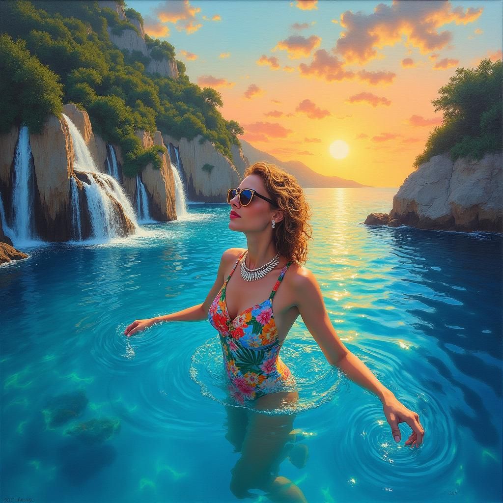 Rabbit Swims in Azure Sea: Impressionist Style