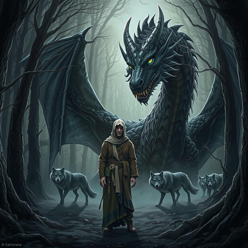 Mysterious Figure and Dragon in Dark Fantasy Forest