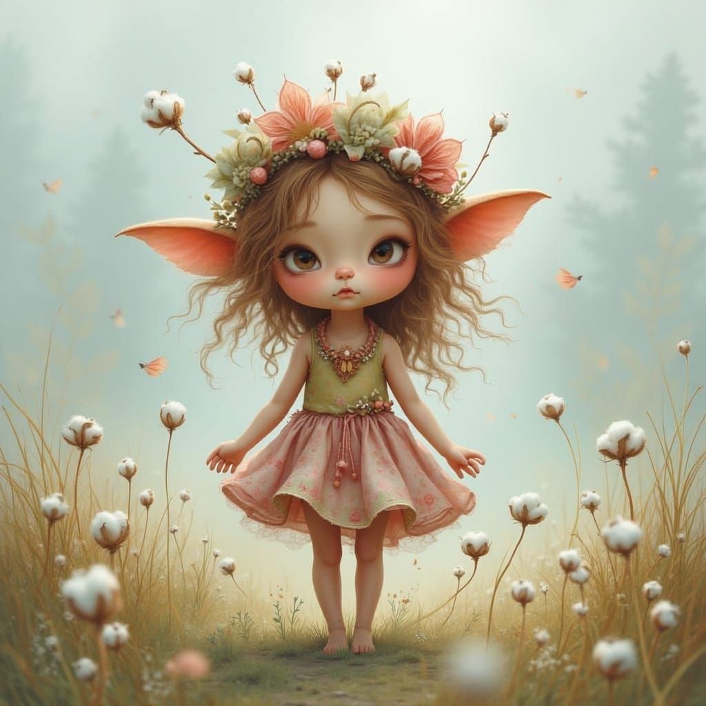 Boho Sprite in Misty Meadow, Realistic Drawing Style