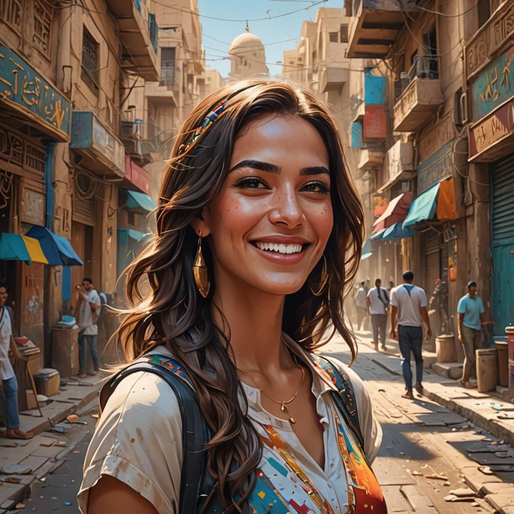 Brunette Girl Smiles in Modern Egyptian Street