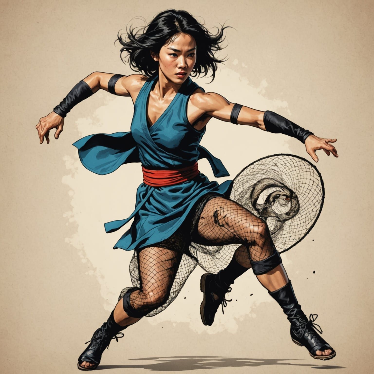 Kung Fu Dancer in Ripped Costume - Vintage Anime Ink Drawing