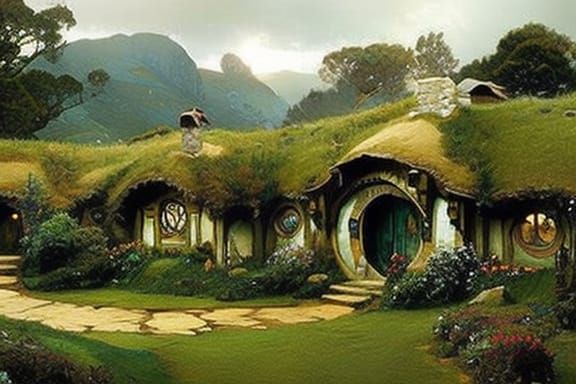 Detailed Hobbit Home in Middle-earth Landscape Painting