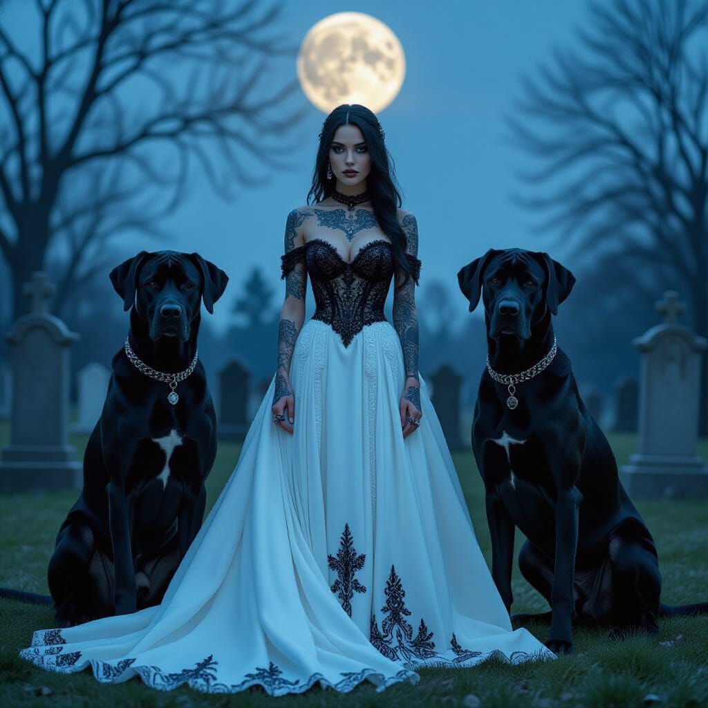 Gothic Model in Moonlit Graveyard with Great Danes