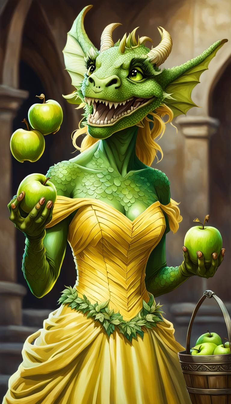 Happy Dragoness with Apples: Hyperrealistic Splash Art