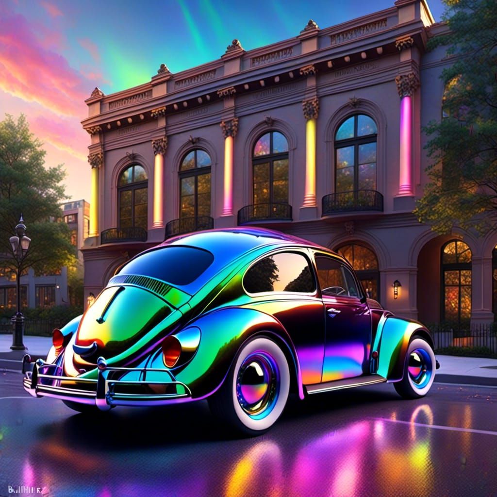 Iridescent Scarab Beetle on Car, Hyperrealistic