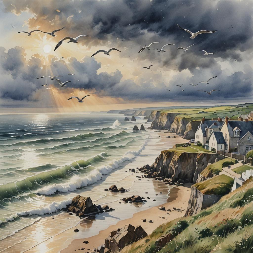 Normandy Coast: Hyper-Realistic Watercolor Painting